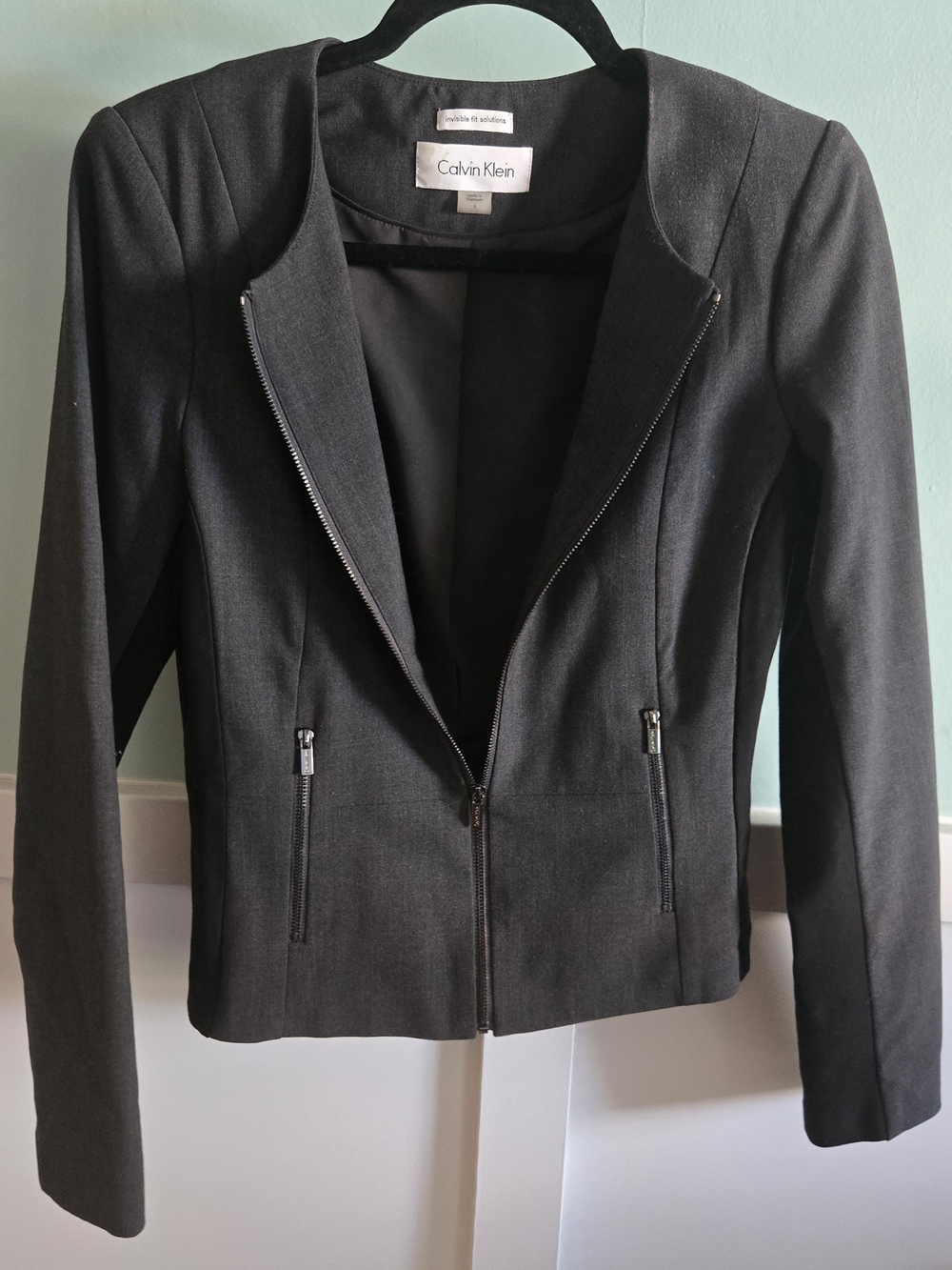 Calvin Klein Invisible Fit Solutions Blazer Zip-Front Side Panel Dark Gray Sz 6 - Picture 2 of 14